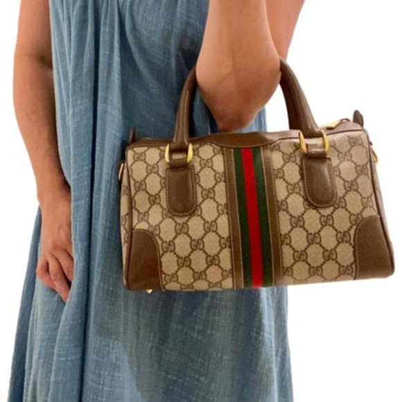 Vintage Striped Monogram Gg Doctors Purse Brown Leather Satchel - Picture 1 of 10